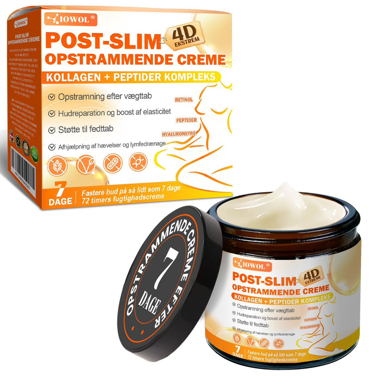 Officiel Butik | IOWOL® Post-Slim Opstrammende Creme med GHK-Cu, Argireline & Matrixyl 3000, beriget med kollagenpeptider og opstrammende aktive ingredienser, der målretter løs og slap hud efter vægttab.